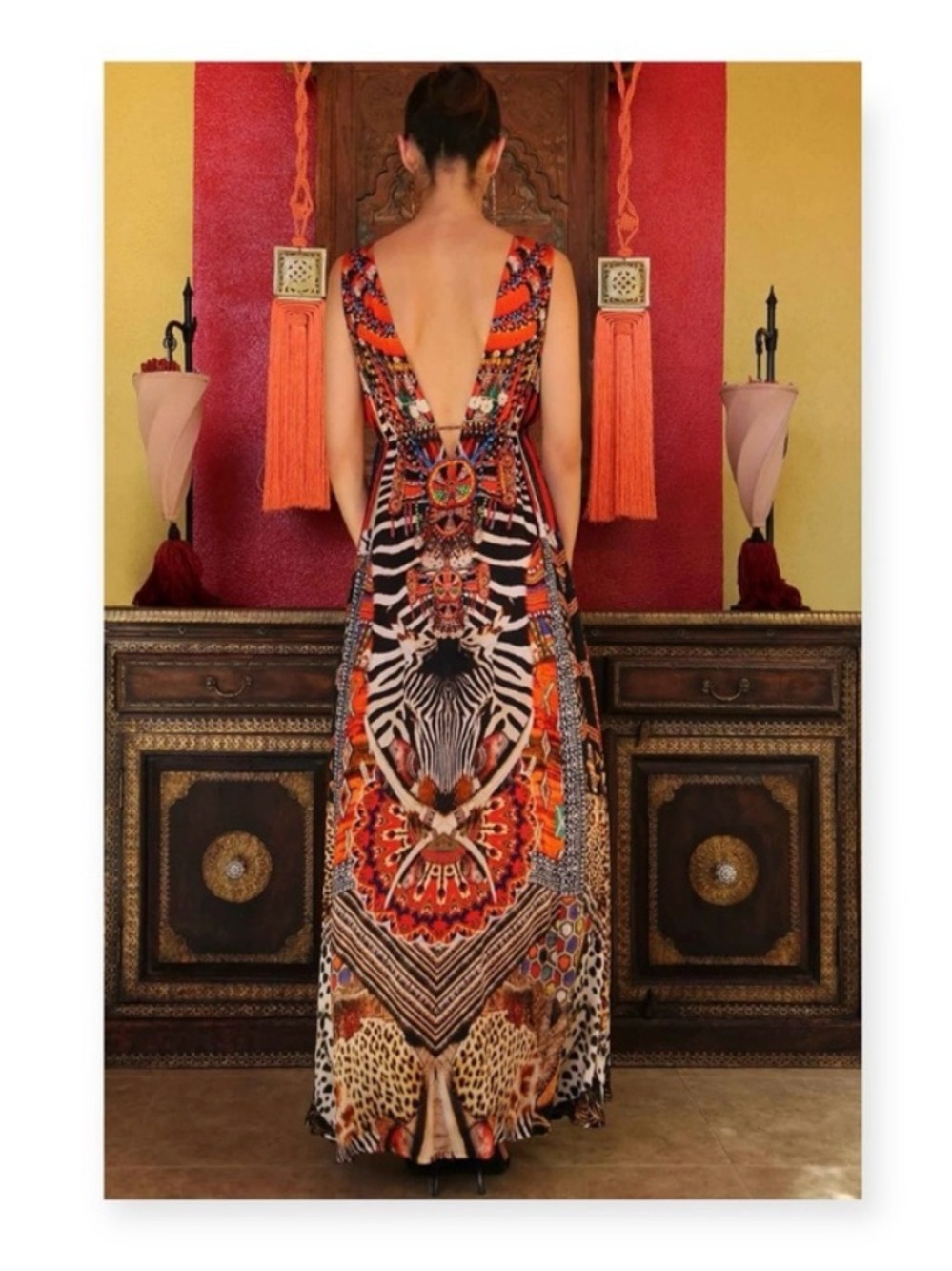 new Shahida Parides 𒀭 RHOBH Silk Crystal Tribal Print Maxi Dress 𒀭 Orange 00-12 - Picture 4 of 16